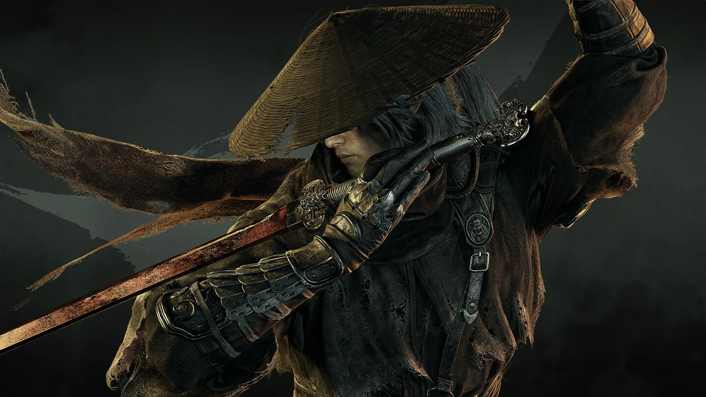 A straw-hatted warrior draws a blade across his dark cloak in official Phantom Blade Zero artwork.