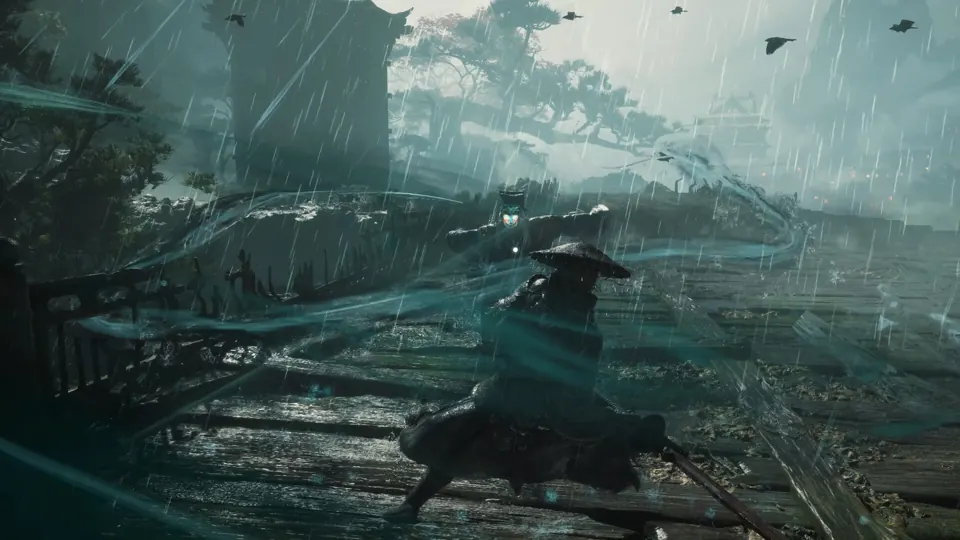 Two fighters clash on a wet wooden walkway amid pale blue weapon trails in Phantom Blade Zero.