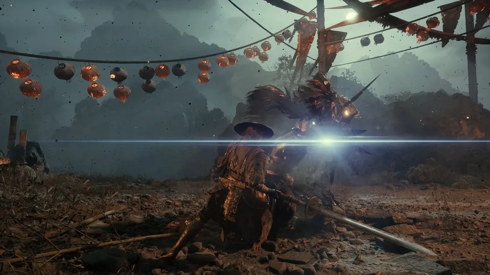 A swordsman confronts a large masked enemy beneath lanterns in Phantom Blade Zero.